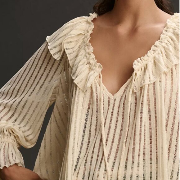 Anthropologie Long-Sleeve Sheer Striped Crop Blouse ✨ - Picture 2 of 9